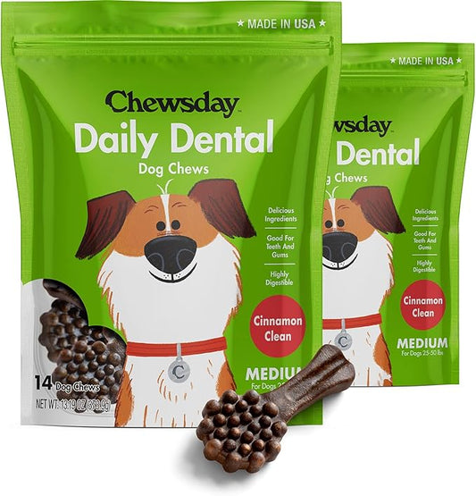 Chewsday Medium Cinnamon Clean Daily Dental Dog Chews, Made in The USA, Natural Highly-Digestible Oral Health Treats for Healthy Gums and Teeth - 28 Count