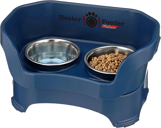 Neater Feeder Deluxe Mess Proof Dog Bowls Elevated Medium Sized Dog Breed – Made in USA – No Spill Raised Dog Food Bowl Stand – Stainless Steel Food and Water Bowl Set, Pet Feeding Station, Dark Blue