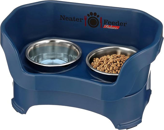 Neater Feeder Deluxe Mess Proof Dog Bowls Elevated Medium Sized Dog Breed – Made in USA – No Spill Raised Dog Food Bowl Stand – Stainless Steel Food and Water Bowl Set, Pet Feeding Station, Dark Blue