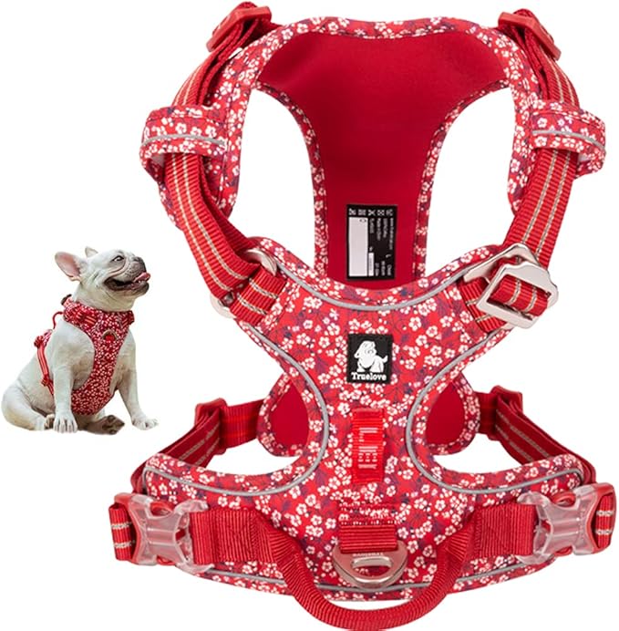 La La Pet® Floral No Pull Dog Harness Reflective Dog Vest Harness with Front & Back 2 Leash Clips and Easy Control Handle for Small Medium Large Dogs 3 Snap Buckles Easy to Put On & Take Off Red S