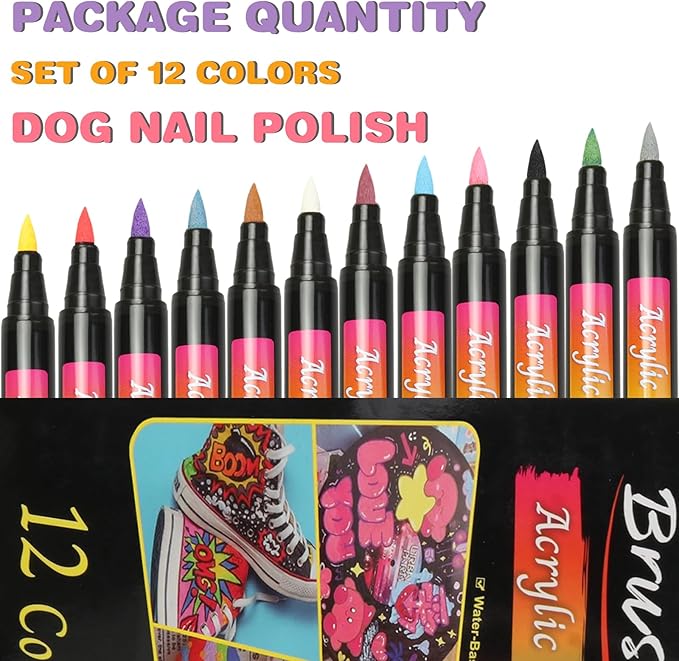 Dog Nail Polish Pens, 12 Colors Nail Polish Set Pet Pens Quick Dry, Dog Claw Care Nail Polish, Waterproof Acrylic Paint Pens for DIY Pet Nails, Odorless, Easy to Apply