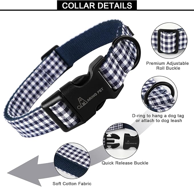 ARING PET Dog Collar-Cute Dog Collar for Small Dogs, Adjustable Comfortable Cotton Plaid Pet Collars for Small Medium Large Male Female Dogs, Small