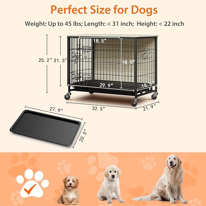 Dog Crate Furniture, 32.5" L Indoor Kennel with Double Doors, Sturdy Dog Cage with Easy Assembly, Wheels & Removable Tray, Rustic Grey