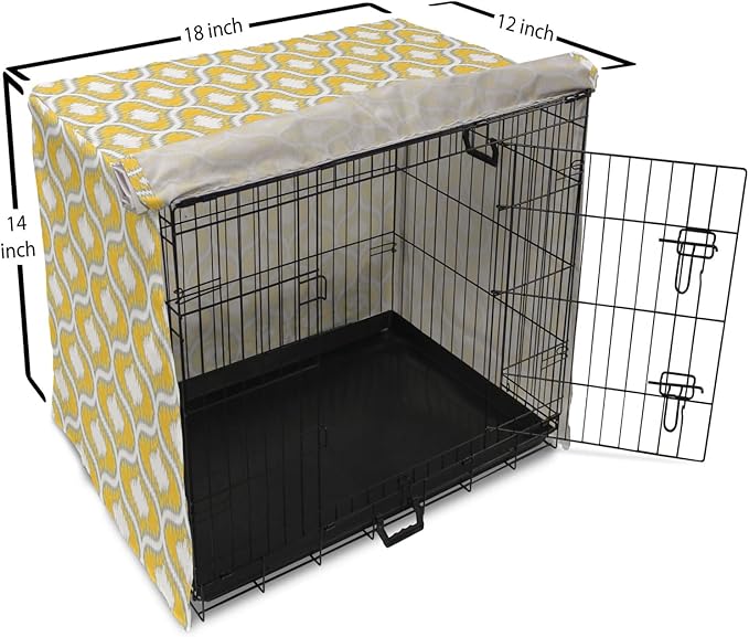 Lunarable Mustard Dog Crate Cover, Eastern Ikat Style Pattern with Modern Blurry Color Distortion Effects, Easy to Use Pet Kennel Cover for Small Dogs Puppies Kittens, 18 Inch, Grey Yellow