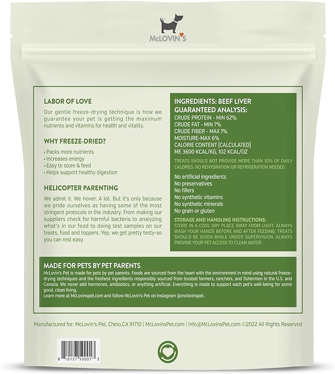 McLovin's Pet Freeze Dried Raw Beef Liver Dog Treats and Toppers, 14 oz. - Single Ingredient, Grain-Free, Gluten-Free, High-Protein Treat – Healthy Dog Training Treats