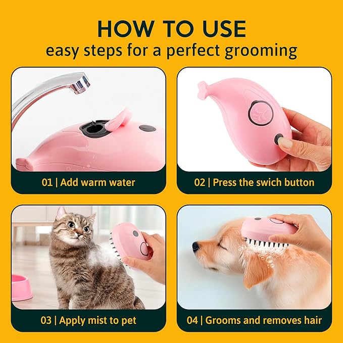 Cat Steam Brush for Shedding Pets 3 in 1 Function, Spritz Defur Comb for Kittens, Steamy Hair Rake for Long-Haired Dogs, Steamer Brush for Massage, Grooming and Removing Loose Hair