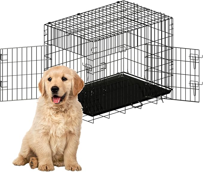 New Enhanced Double Door Dog Crate, Portable Wire Dog Crate with Tray and Divider, Pet Crate for Small Dogs, Indoor and Outdoor Pet Pen, 42" L x 28" W x 30" H Collapsible Kennel