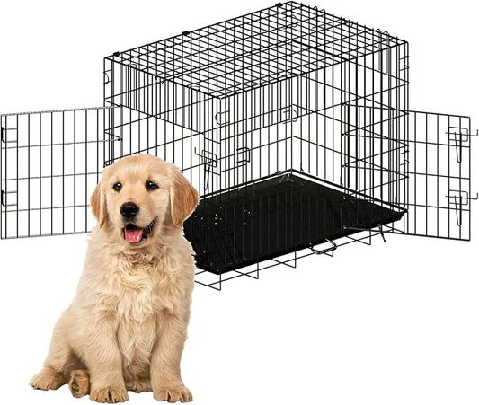 New Enhanced Double Door Dog Crate, Portable Wire Dog Crate with Tray and Divider, Pet Crate for Small Dogs, Indoor and Outdoor Pet Pen, 42" L x 28" W x 30" H Collapsible Kennel
