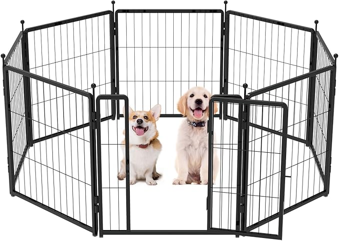 Dog Playpen for Indoor & Outdoor Use – Heavy-Duty Metal Pet Fence with Ground Stakes, Rounded Ball Tops for Safety, Stable & Foldable Design, Easy to Assemble 24 inch 8 Panels
