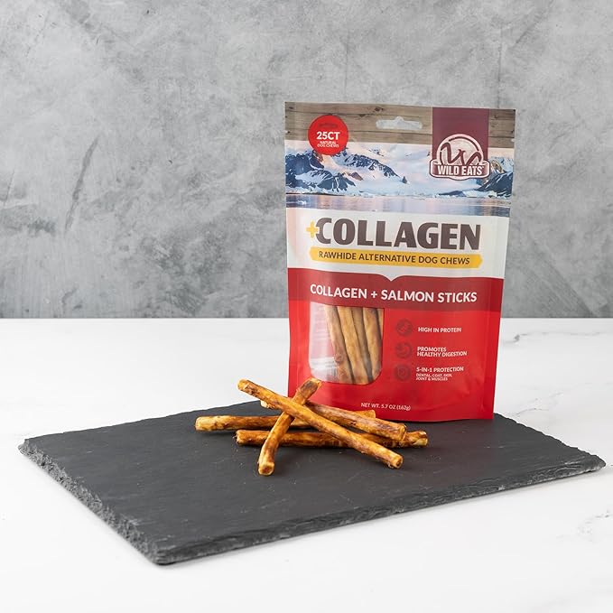Collagen Sticks for Dogs Real Salmon 25ct - Long Lasting Dog Chew High Protein, Highly Digestable Bully Stick