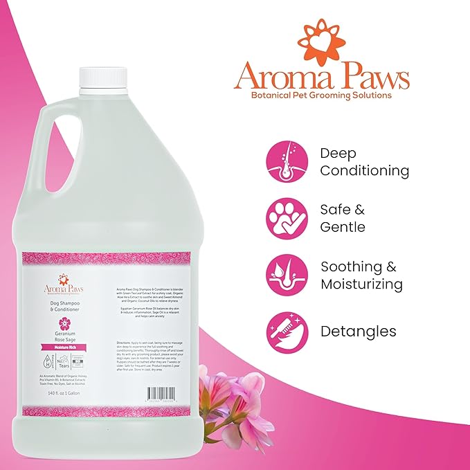 Dog Shampoo and Conditioner - Aromatic Tearless Shampoo for Cleansing, Grooming, and Conditioning - Moisturizing Shampoo for Dogs and Puppies - Geranium Sage, 1 Gallon