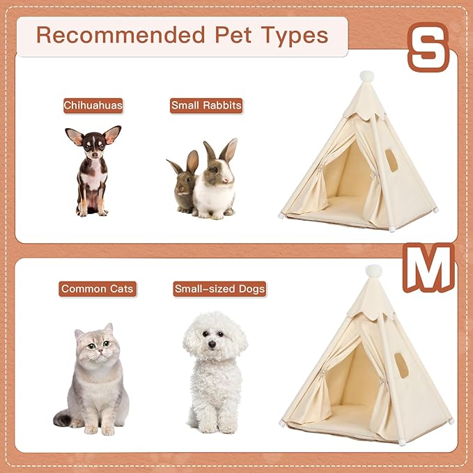 Pet Teepee Tent House for Large Cat & Small Dogs 20x20x20in, Small Dog House for Pugs, Large Cat House for Fat Cats, More Stable, Indoor, M for Pets Up to 20lbs, White