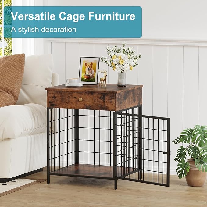 Dog Crate Furniture, Wooden Dog Crate End Table,Dog Kennel with Drawer Indoor, Furniture Dog Crate Side Table for Small Dogs