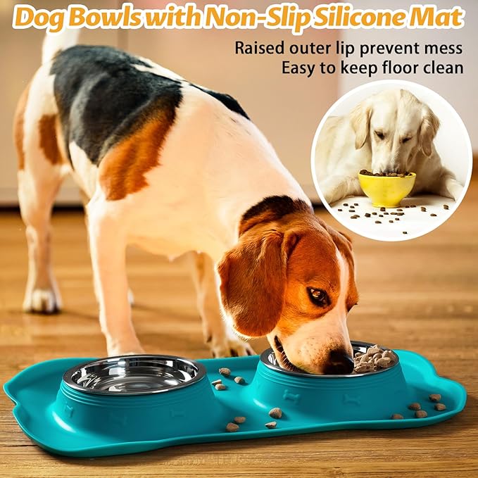 Hubulk Pet Dog Bowls 2 Stainless Steel Dog Bowl with No Spill Non-Skid Silicone Mat + Pet Food Scoop Water and Food Feeder Bowls for Feeding Small Medium Large Dogs Cats Puppies (Small, Green)