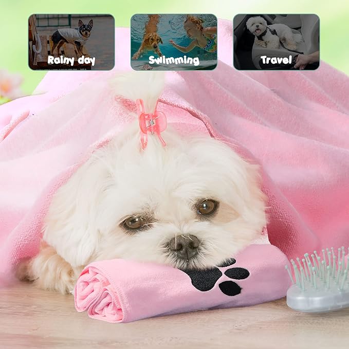 Kenning 6 Pieces Dog Towel Large Soft Pet Grooming Towel Absorbent Microfiber Dog Grooming Supplies with Embroidered Paw for Drying Dogs Cats Bathing Essentials, 20 x 39 Inch, Gray, Blue, Pink