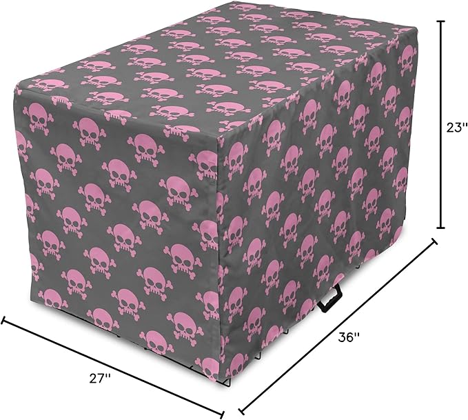Lunarable Skull Dog Crate Cover, Vivid Pirate on Pale Background Head of a Skeleton and Bones Halloween Themed, Easy to Use Pet Kennel Cover for Medium Large Dogs, 36 Inch, Pink Taupe