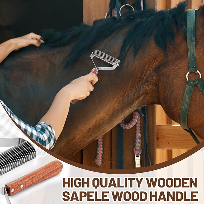 Abbylike Large Cow Brush Livestock Scratching Horse Comb for Goats Brush Cattle Supplies Shedding Dematting Comb with 27 Stainless Steel Blades and Wood Handle