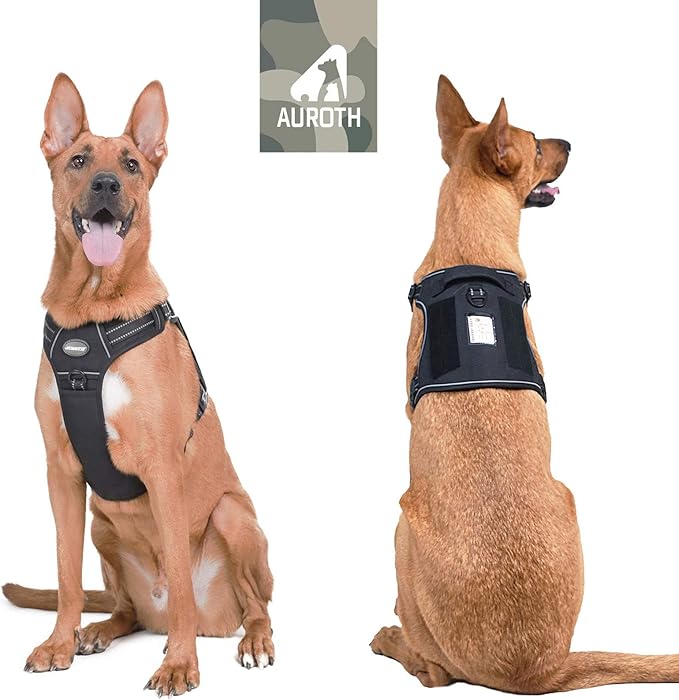 Auroth Tactical Dog Harness for Large Dogs No Pull Adjustable Pet Harness Reflective K9 Working Training Easy Control Pet Vest Military Service Dog Harnesses Black XL