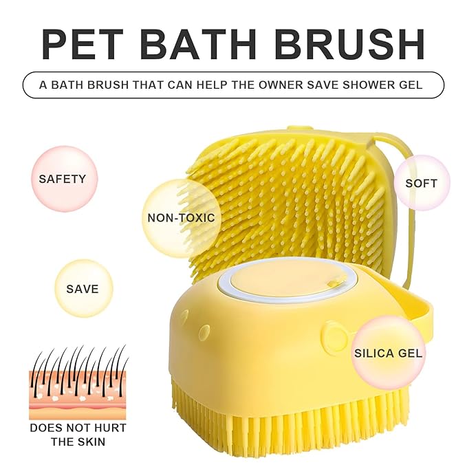 BLMHTWO Pet Bath Brush Dog Scrubber for Bath Pet Shampoo Brush Dog Bathing Brush Pet Bubble Brush with Silicone Loop Handle for Long Short Haired Dogs and Cats Yellow