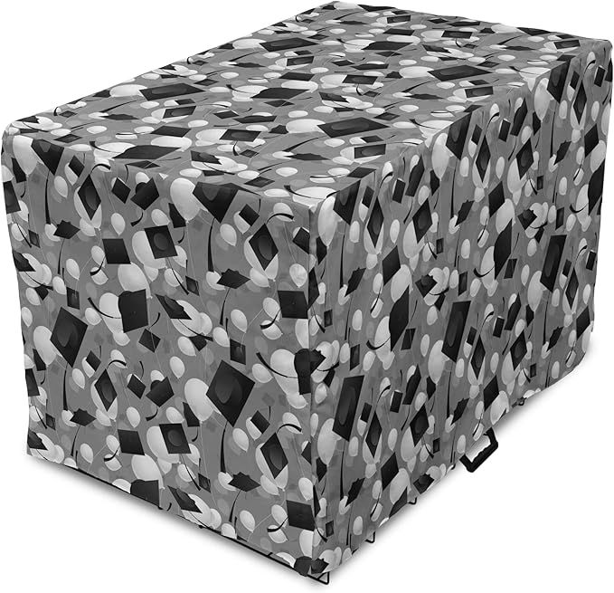 Lunarable Graduation Dog Crate Cover, Clutter of Mortarboard and Balloons in Greyscale Tones, Easy to Use Pet Kennel Cover for Medium Large Dogs, 48 Inch, Charcoal Grey Dimgray