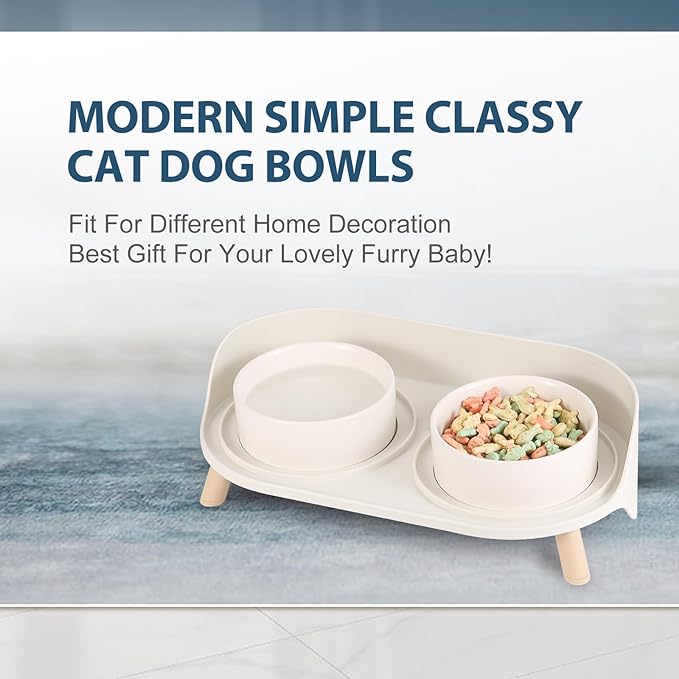 Raised Cat Food and Water Bowl Set - Elevated Ceramic Dishes With Non-Slip Stand and Splash Guard for Small Dogs - 2 x 480 ML (16.2 OZ)