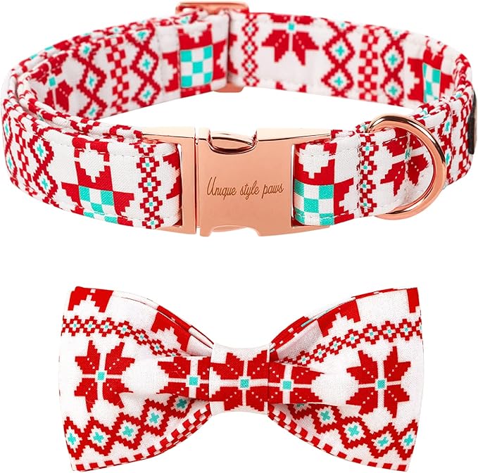Unique style paws Christmas Dog Collar with Bow Tie Red White Grid Cotton Collar Adjustable Puppy Plaid Collar for Small Medium Large Dogs-XS