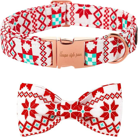 Unique style paws Christmas Dog Collar with Bow Tie Red White Grid Cotton Collar Adjustable Puppy Plaid Collar for Small Medium Large Dogs-XS