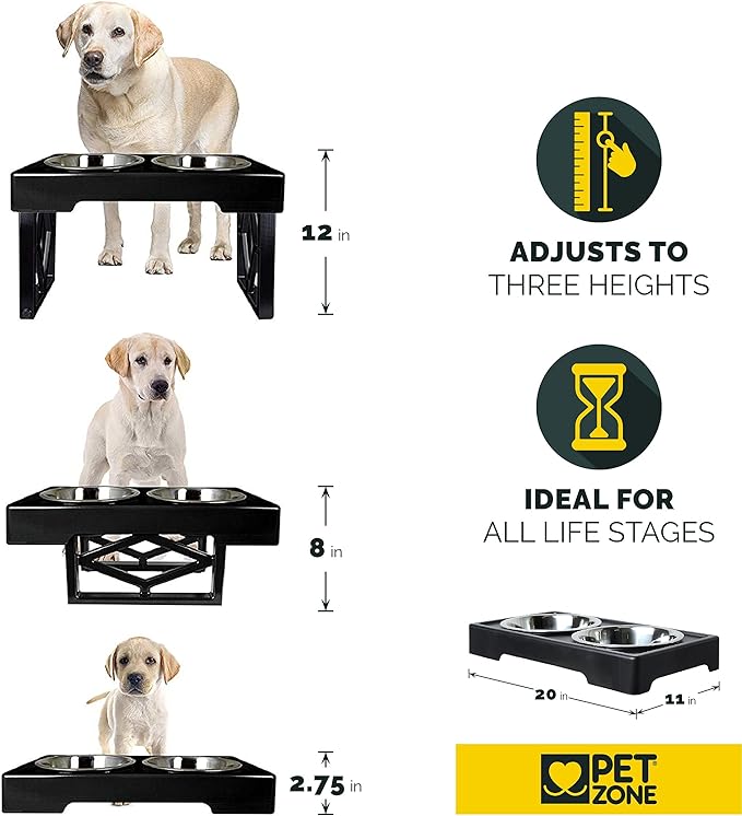 Pet Zone Elevated Dog Bowls Designer Diner 3 Height Adjustable Raised Dog Bowl Stand with 2 Stainless Steel Bowls (7 Cup Capacity Each)