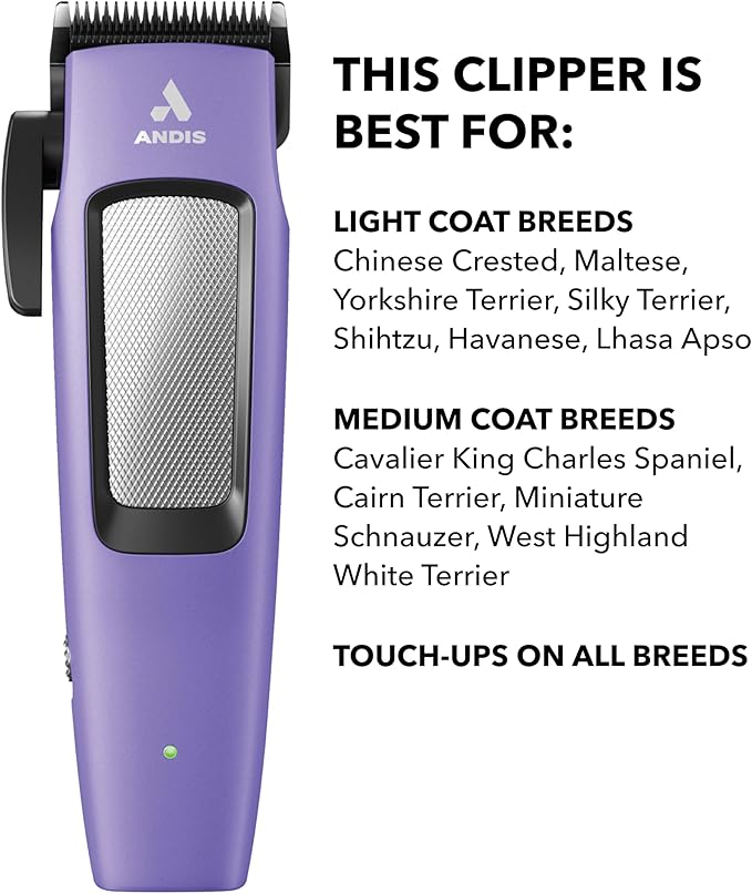 Andis Easy Clip Adjustable Blade Cordless II Dog Clipper, 10 Piece Kit, Lithium-Ion Battery, Purple, 560017