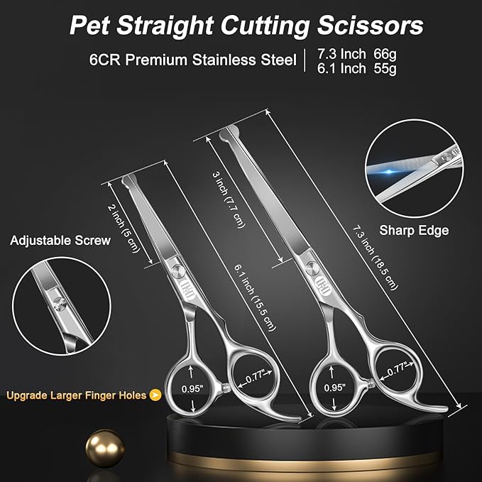CIICII Dog Grooming Scissors Kit, 10-In-1 Professional Pet Grooming Scissors Set with Safety Round Tip (Dogs/Cat Hair Cutting Trimming Thinning Shears with Curved Scissors) for DIY Home Salon (Silver)
