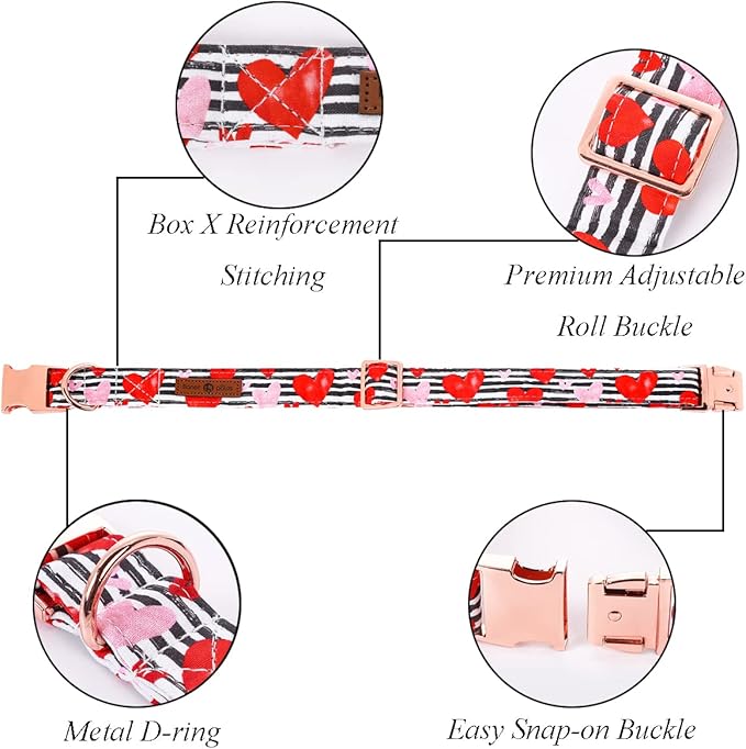 Lionet Paws Valentine Day Dog Collar, Heavy-Duty Cute Red Heart Pattern Fabric Pet Collar with Metal Buckle Necklace for Medium Large Gift, Neck 16-24 inches