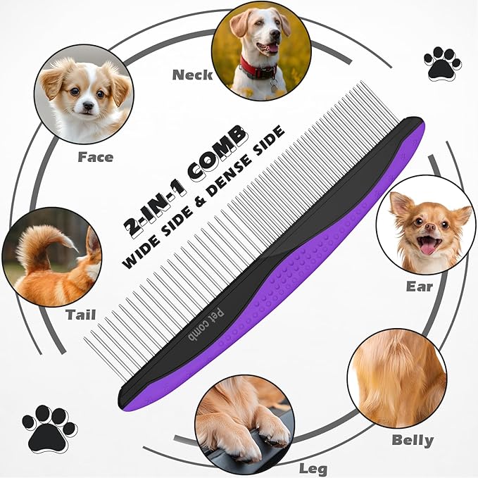 3PCS Dog Grooming Kit I Dog Brush for Shedding I Deshedding Dog Brush I Metal Dog Comb I Dog Bath Brush I Undercoat Rake for Dogs and Cats I Premium Pet Supplies (Purple Black)