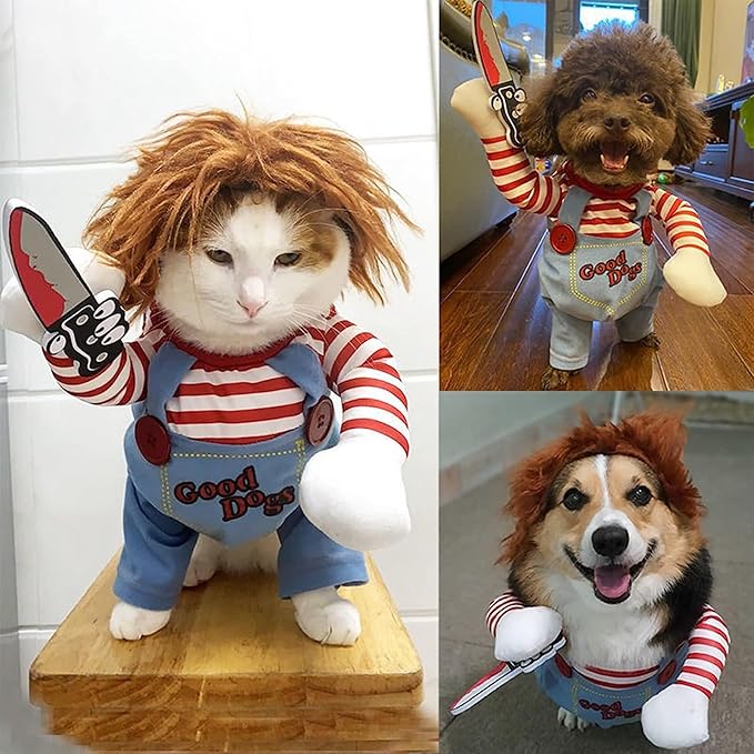 Dog Halloween Costumes, Deadly Doll- Chucky Dog Costume with Knife for Pets, Funny Costumes Halloween for Small Dogs [XS]