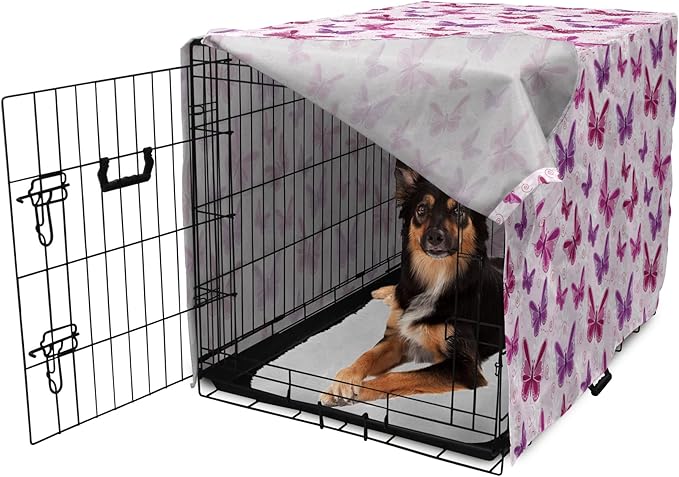 Ambesonne Purple Dog Crate Cover, Abstract Butterflies on Floral Background Feminine Romance Illustration, Easy to Use Pet Kennel Cover for Medium Large Dogs, 36 Inch, Maroon Purple Pale Pink