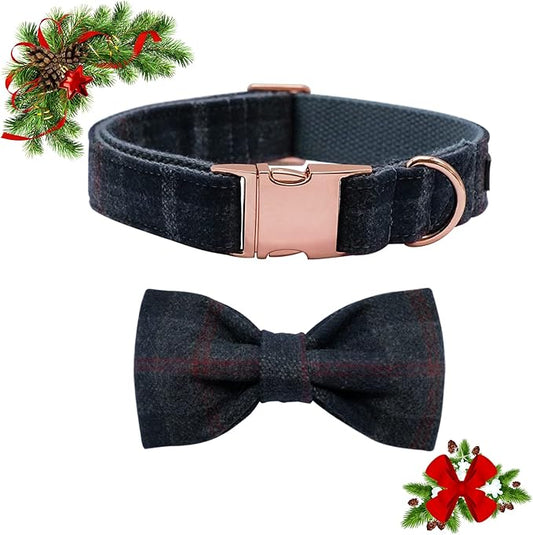 MACA Bates Dog Dark Blue Woolen Collar with Nylon- Warm and Soft Bows Dog Collar for Large Medium Small Dogs, Adjustable Dog Collar with Metal Buckle for Boy and Girl in Winter, XS Puppy Collar