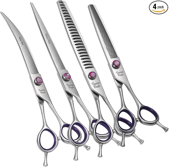 Fenice Peak 8'' Dog Grooming Scissors Set 4PCS Straight Curved Thinning Chunker Shears with Purple Finger Rings and Flashing Screw 440C Stainless Steel Natural Color Trimming Shears Durable and Sharp