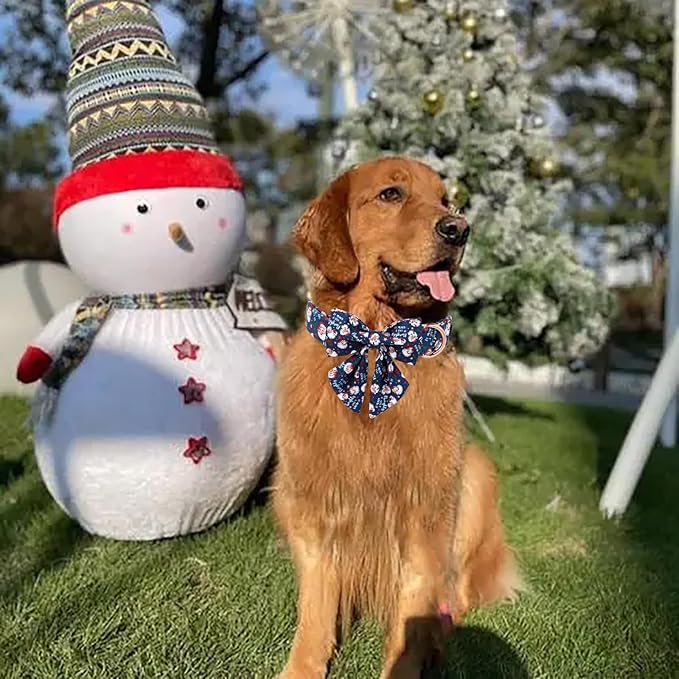 Maca Bates Christmas Santa Dog Collar with Bow Bowtie for Dogs Sailor Bow Tie Adjustable Breakaway Blue Collars Accessories Gift for Small Medium Large XL Puppy with Golden Metal Buckle