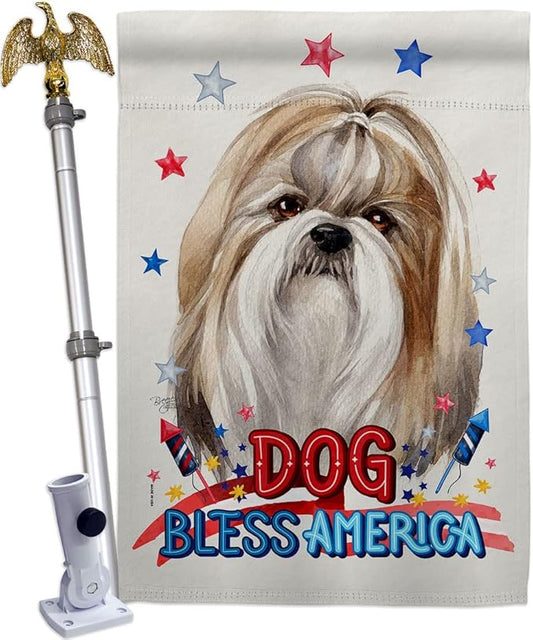 Breeze Decor Patriotic Shih Tzu House Flag Eagle Set Dog Puppy Spoiled Paw Canine Fur Pet Nature Farm Animal Creature Decoration Banner Small Garden Yard Gift Double-Sided, Made in USA