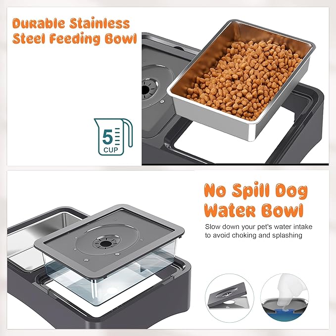Decflow 2-in-1 Elevated Dog Bowls, 4 Height Adjustable Raised Dog Bowls with Stainless Steel Dog Food Bowls & No Spill Water Bowl, DIY Stickers Foldable Pet Bowl for Medium Large Dogs