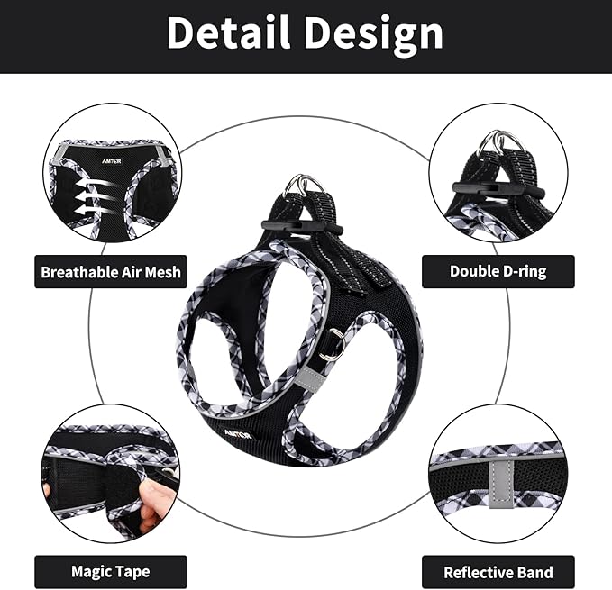 AMTOR Small Dog Harness with Leash Set, No Escape Easy Walk Puppy Harnesses for Training Walking, Step-in Reflective Soft Dogs Vest for XS S Medium Extra-Small Large Sized Dog(Blackwhite,XS)