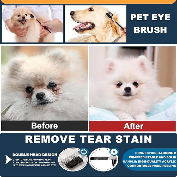 Dog Bath Brush 7-in-1 Set,Double Head Dog Eye Comb Tear Stain Remover, Double Head Dog Toothbrush, Dog Grooming Bath Brush with Shampoo Dispenser,Dog Bath Cap for Ear Protection and Dog Drying Towel