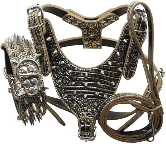 Leather Spiked Studded Harnesses, Collars & Leashes 3Pcs Matching Set for Medium & Large Dogs Pitbull,Mastiff, Boxer, Bull Terrier (Gold Brown1, M)