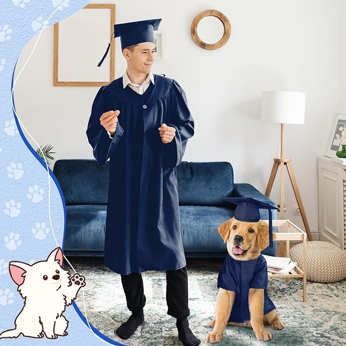 Xuniea 2 Pcs Dog Graduation Costume Set 2025 Dog Graduation Cap and Gown Puppy Hat with Tassel Matte Pet Grad Outfit Cats Grad Bear Holiday Party Costume Accessory (Navy Blue,Large)