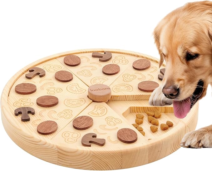 LOOBANI Dog Puzzle Toys Wooden - Slow Feeder Interactive Toys IQ Training for Small to Large Dogs -Pizza Pattern