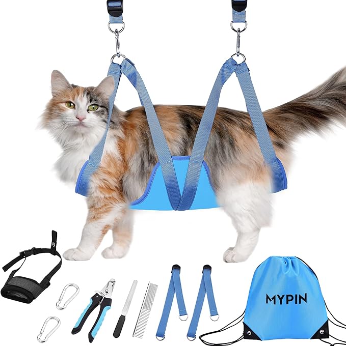 Cat Grooming Hammock, Pet Grooming Harness for Dogs&Cats, Multi Hammock Restraint Bag with Adjustable Grooming Loop/Stainless D-Hooks/Nail Clippers/Trimmer/Nail File for Pet Nail Trimming, Care (XS)