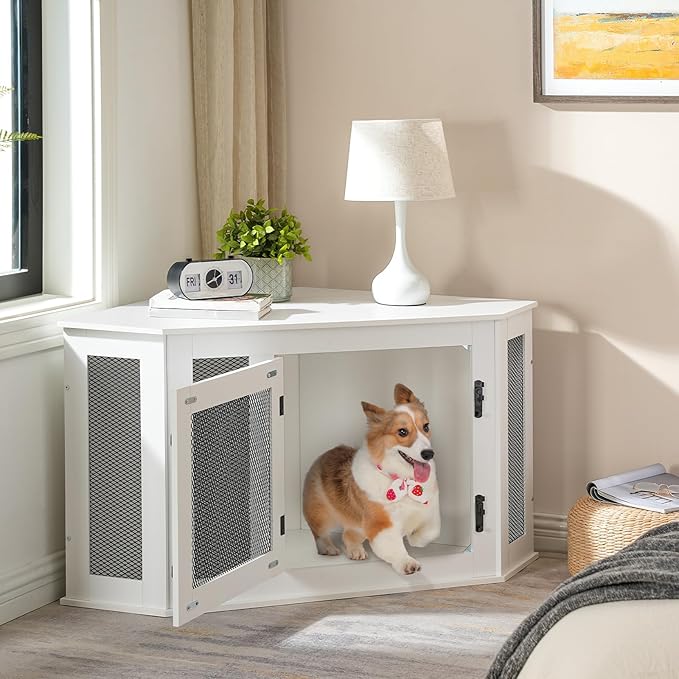 Corner Dog Crate Furniture, Wooden Dog Kennel End Table, Decorative Pet Crate Indoor Use, Furniture Style Dog House for Small Medium Dog, Dog Cage TV Stand, White and Black DCWT0801