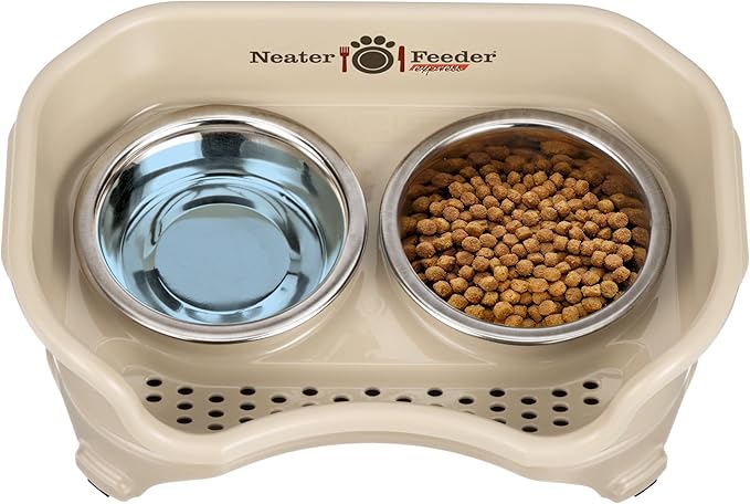 Neater Feeder Express Mess Proof Dog Bowls Elevated for Small Breeds Under 15 Lb, Made in USA, No Spill Raised Dog Food Bowl Stand, Stainless Steel Food and Water Bowl Set, Feeding Station, Almond