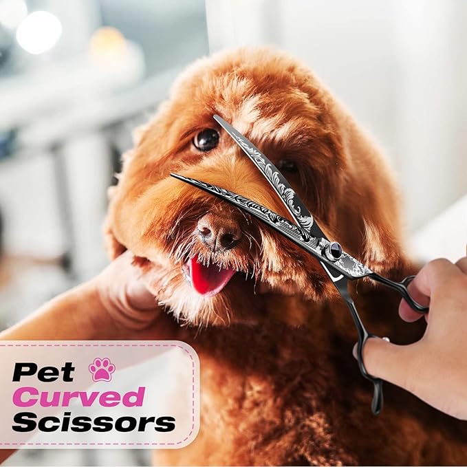 JASON Dog Grooming Scissors Kit, Professional 6 in 1 Dog Scissors Set - Thinning Shear, Straight Scissor, Dog Chunker, Down-curved Shears and Comb for Dog Cat Pet (Black, 8")