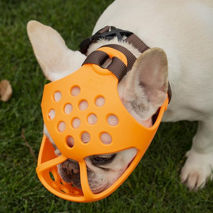 Short Snout Dog Muzzles,Soft Silicone Adjustable Breathable Bulldog Muzzle for Biting Chewing Barking Training,Ideal for Flat-Faced Dogs (M, Orange)