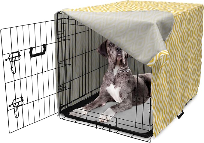Lunarable Yellow Dog Crate Cover, Geometric Pattern with Ogee Shapes Waves and Curves Design Modern Boho Print, Easy to Use Pet Kennel Cover for Medium Large Dogs, 48 Inch, Yellow and White